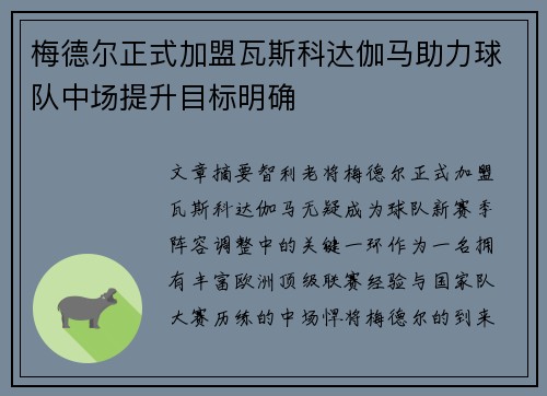 梅德尔正式加盟瓦斯科达伽马助力球队中场提升目标明确 梅德尔正式加盟瓦斯科达伽马助力球队中场提升目标明确